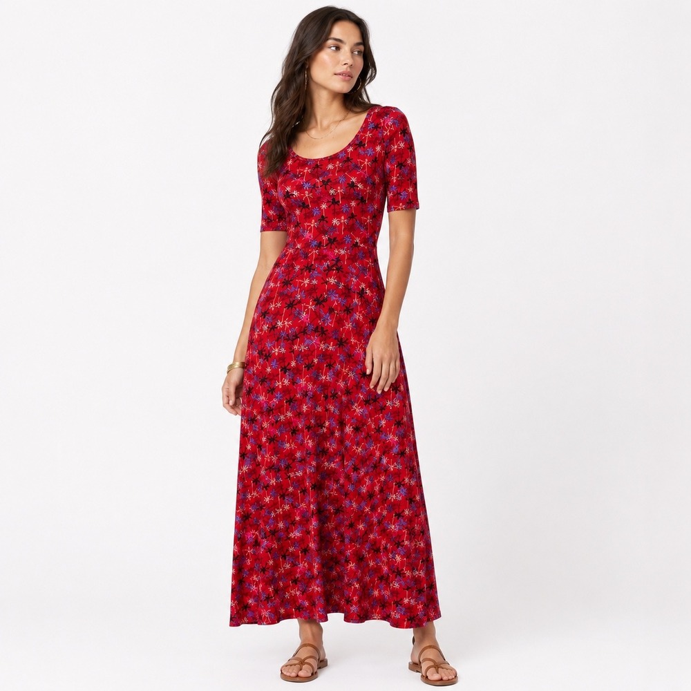 LuLaRoe Ana Maxi Dress XS Red Tropical Palm‎ Tree Print Short Sleeve Scoop Neck